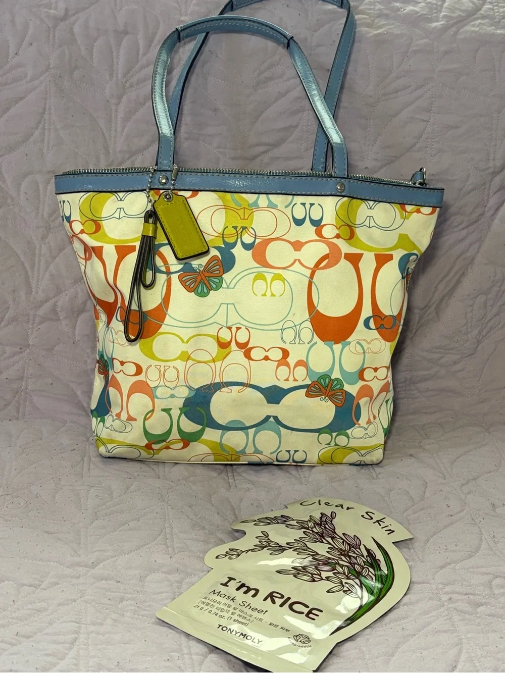 Multicolor Patterned Tote Bag with Blue Trim